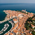 Aerial view of old town Piran, Slovenia, Europe. Summer vacations tourism concept background. Royalty Free Stock Photo