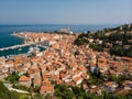 Aerial view of old town Piran, Slovenia, Europe. Summer vacations tourism concept background. Royalty Free Stock Photo