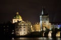 Aerial view of Old Town and Prague Castle at sunset in Prague, Czech Republic Prague bridges at dusk, shot from a bird`s eye view Royalty Free Stock Photo