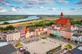 Aerial view of the old town with the Teutonic castle and the church in Nowe by the Vistula river. Poland Royalty Free Stock Photo