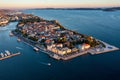 Aerial view of the Old Town of Zadar, Croatia. Aerial shot of Zadar old town, famous tourist attraction in Croatia. City of Zadar