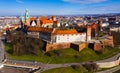 Aerial view of old Wawel Castle by the river in Krakov