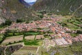 Aerial view of Ollantaytambo in Peru, seen from the archeological site