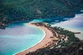 Aerial view of Oludeniz beach, Fethiye district, Turkey. Turquoise Coast of southwestern Turkey. Blue Lagoon on Lycian Way