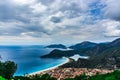 Aerial view of Oludeniz beach, Fethiye district, Turkey. Turquoise Coast of southwestern Turkey. Blue Lagoon on Lycian Way.