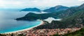 Aerial view of Oludeniz Beach, Fethiye district, Turkey. Turquoise Coast of southwestern Turkey. Blue Lagoon on Lycian Way.