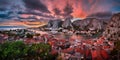 Aerial View of Omis and Cetina River at Dramatic Sunset, Dalmati Royalty Free Stock Photo