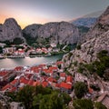 Aerial View on Omis Old Town and Cetina River Gorge, Dalmatia Royalty Free Stock Photo