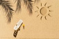 Aerial view of one sunbed, lounge, shadow of a palm tree branch draw sun on private sand beach. Summer and travel concept.