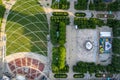 Aerial view of an open-air arena with cloud-shaped gates in Chicago