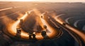 Aerial view of open-pit mining with heavy machinery at sunset Royalty Free Stock Photo