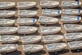 Aerial view of Optimist dinghies aligned. Sailing school boats