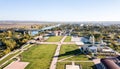 Aerial view of Orthodox cathedral, Peacekeepers bridge, with Bendery city on river of Dniester, breakaway Transnistria republic.