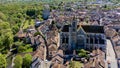 Aerial view of Our Lady of the Nativity gothic church in Moret-sur-Loing in Seine et Marne, France