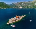 Aerial view of the Our Lady of the Rock island in Kotor Bay, Montenegro