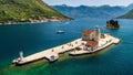 Aerial view of the Our Lady of the Rock island in Kotor Bay, Montenegro