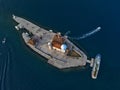 Aerial view of Our Lady of the Rocks is one of the two islets off the coast of Perast in Bay of Kotor, Montenegro Royalty Free Stock Photo