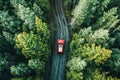 Aerial view of outdoor adventure destination mountain. Off Road vehicle cross the forest.