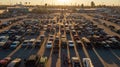 Aerial view of an outdoor car show parking lot bathed in golden sunset light. Royalty Free Stock Photo