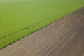 Aerial view over the agricultural fields spring time. Royalty Free Stock Photo