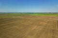 Aerial view over the agricultural fields spring time. Royalty Free Stock Photo