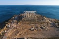 Aerial view over the ancient Temple of Poseidon at Cape Sounio, Attica, Greece