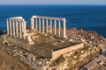 Aerial view over the ancient Temple of Poseidon at Cape Sounio, Attica, Greece