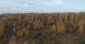 Aerial view over autumn rural landscape with field and forest in the morning Royalty Free Stock Photo