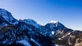 Aerial view over the beautiful Austrian alps in Europe. winter season landscape drone photography in austria. great mountains in Royalty Free Stock Photo