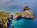 Aerial view over Carrick-A-Rede Rope Bridge in North Ireland Royalty Free Stock Photo