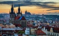 Aerial view over Church of Our Lady before Tyn, Old Town and Prague Castle at sunset in Prague, Czech Republic Royalty Free Stock Photo