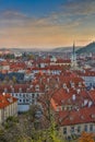 Aerial view over Church of Our Lady before Tyn, Old Town and Prague Castle at sunset in Prague, Czech Republic Royalty Free Stock Photo