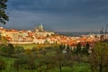 Aerial view over Church of Our Lady before Tyn, Old Town and Prague Castle at sunset in Prague, Czech Republic Royalty Free Stock Photo