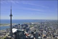 Aerial view over the city centre of Toronto, Ontario, Canada. Bird-eye view of Toronto with Lake Ontario Royalty Free Stock Photo