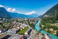 Aerial view over the city of Interlaken in Switzerland. Beautiful view of Interlaken town, Eiger, Monch and Jungfrau mountains and Royalty Free Stock Photo