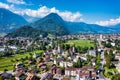Aerial view over the city of Interlaken in Switzerland. Beautiful view of Interlaken town, Eiger, Monch and Jungfrau mountains and Royalty Free Stock Photo