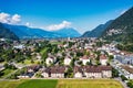 Aerial view over the city of Interlaken in Switzerland. Beautiful view of Interlaken town, Eiger, Monch and Jungfrau mountains and Royalty Free Stock Photo