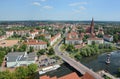 Aerial view over cityscape of Rathenow with its Havel river and
