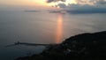 Aerial view over the coastal seaside village Glossa and loutraki port in Skopelos island, Sporades, Greece