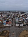 Aerial view over the downtown of Reykjavik, Iceland, with SkÃÂ³lavÃÂ¶rÃÂ°ustÃÂ­gur road and the Leif Eriksson monument in winter.