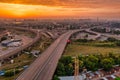 Aerial view over evening traffic in Kiev, Ukraine. Highway and overpass with cars and trucks, interchange, two-level transport Royalty Free Stock Photo