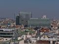 Aerial view over historic city center of Vienna, capital of Austria, Europe, on sunny day with dense development.