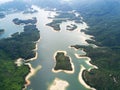 Aerial view over Hong Kong Tai Lam Chung Reservoir under smokey weather