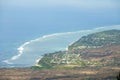 Aerial view over the Indian ocean coast at Les Colimatons Les Hauts at Reunion island, French overseas.