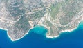 Aerial view over Kargacik koyu bay in Ahmetbeyli coastal resort town in Menderes district of Izmir province in Turkey