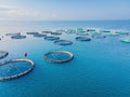 Aerial view over large fish farm with lots of fish enclosures