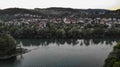 Old dam of water power plant with tributary of river Aare in riparian forest in Brugg, Switzerland