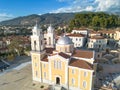 Aerial view over the old historical center of Kalamata seaside city, Greece by the Castle of Kalamata