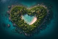 Aerial view over one of island look like heart in sea with green tree forest. Generative AI Royalty Free Stock Photo