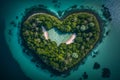 Aerial view over one of island look like heart in sea with green tree forest. Generative AI. Royalty Free Stock Photo